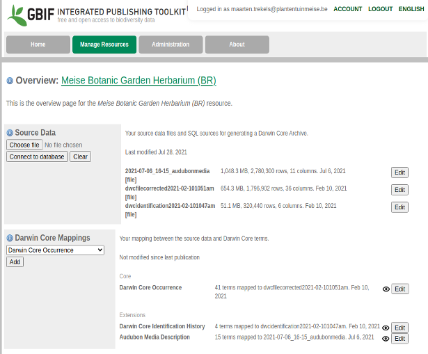 Screenshot of the IPT of Meise Botanic Garden with the usage of the ‘Audubon Media Description’ extension.